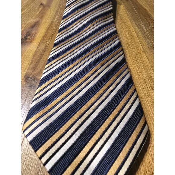 Foggia Men's Necktie Tie Silk Hand Made Black Gold White Stripe Brand New W Tags - Picture 1 of 7